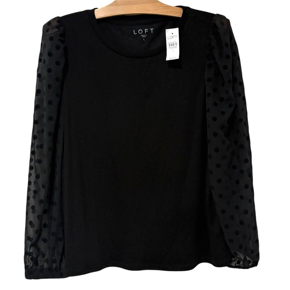 Ann Taylor LOFT | Top Pullover Black Sheer Polka Dot Sleeves NWT- Size Large
